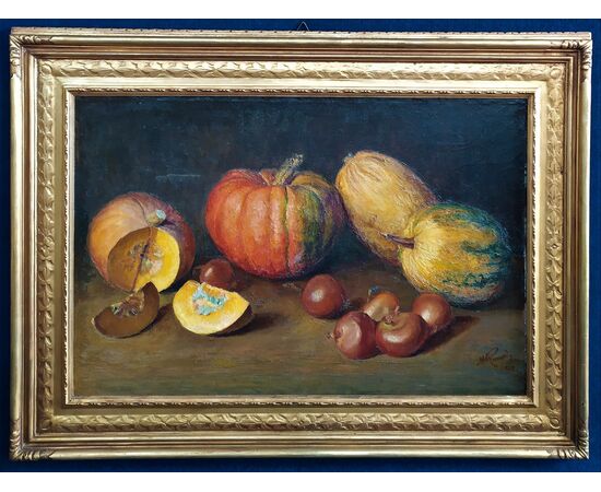 M. Riccardi - grande dipinto olio su tela "Zucche" Italia 1929