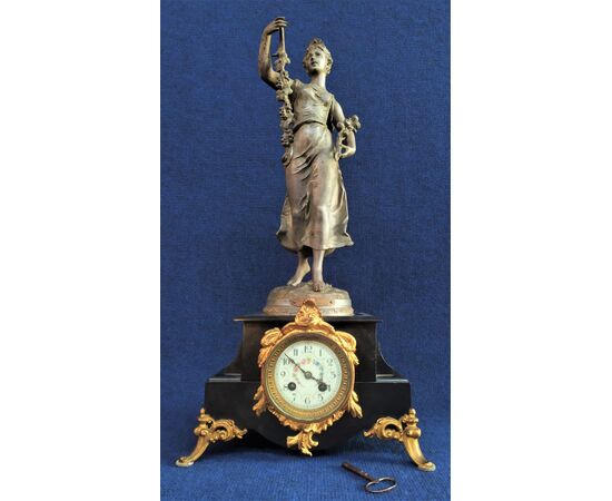 Large Art Nouveau clock in marble and antimony -E. Bruchon - France 19th century     