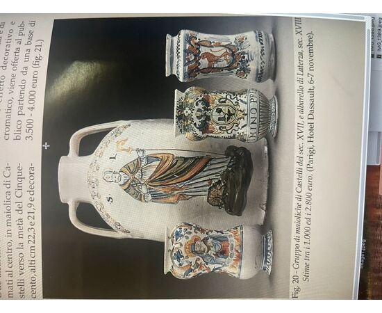 Large double-edged majolica vase with figure of Saint and stylized plant motifs.Castelli d&#39;Abruzzo.     