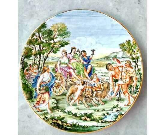 large majolica plate with historiated decoration, Manifattura Minghetti, Bologna.     