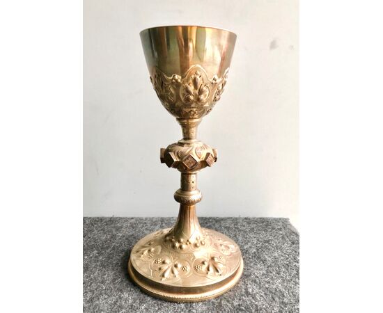 Neo-Gothic chalice in embossed and gilded silver (vermeille) with plant and geometric motifs.Minerva punch.France     