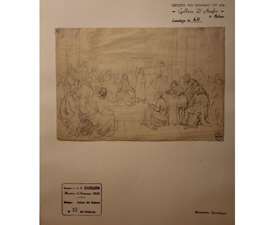 Alessandro Guardassoni (1819-1888) Disegno grafite su carta scena storico\religiosa