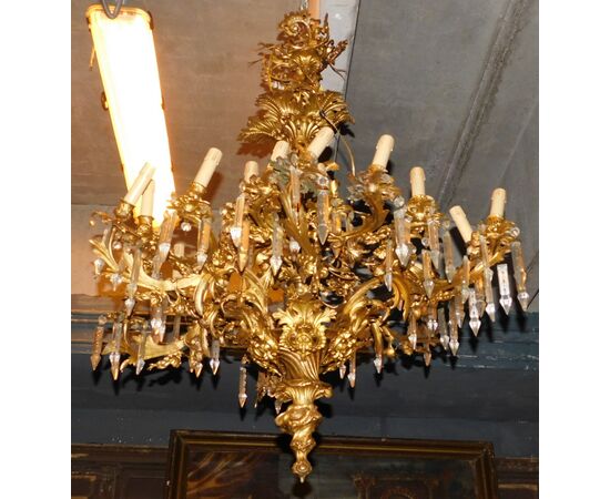 lamp188 - lampadario in bronzo dorato, epoca '7/'800, misura cm l 100 x h 110