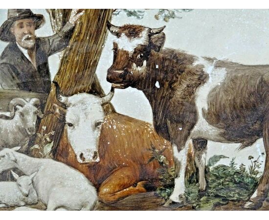 Quadro su porcellana metà 1800 rappresentante mucche e paesaggio firmato