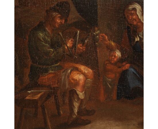 Antique Flemish painting of a family interior scene from 17th century