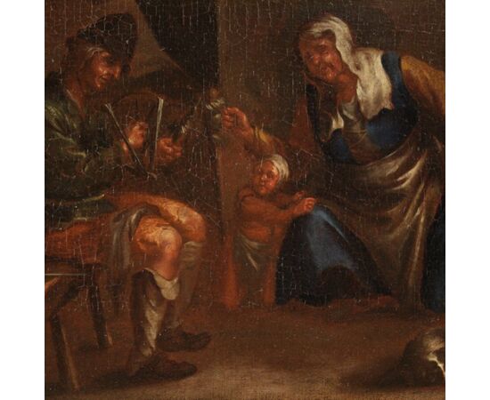 Antique Flemish painting of a family interior scene from 17th century