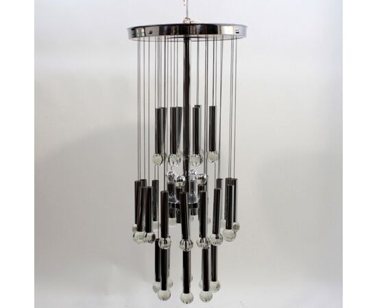 Gaetano Sciolari, lampadario acciaio cromato vetro design anni '70