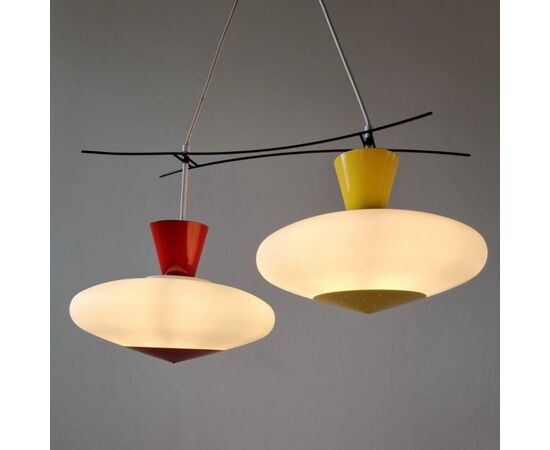 Angelo Lelli for Arredoluce chandelier in satin glass and painted metal, 1950s     