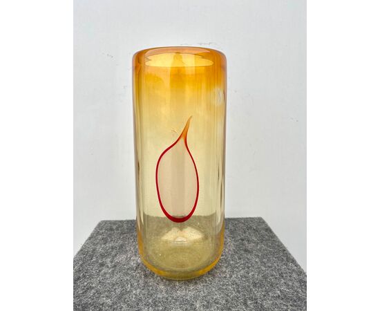 Heavy sommerso glass vase with flame and gold leaf decoration.Cenedese manufacture, Murano.     