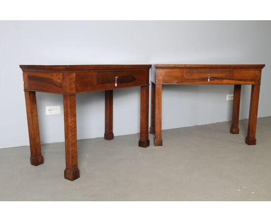 Antique pair of console / twin tables in solid walnut Empire early 800 Central Italy. Restored.     