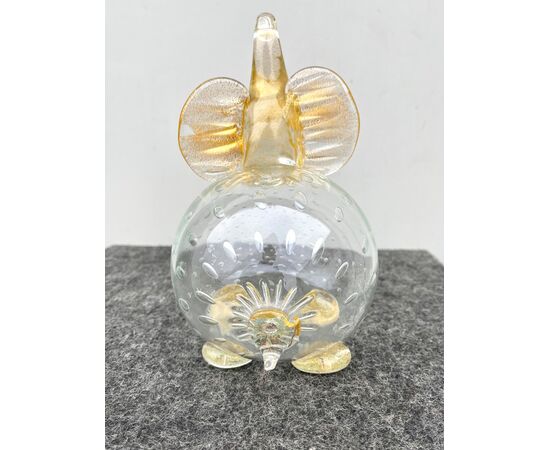 Elefante in vetro soffiato con inclusioni a bolle e foglia oro.Firmato.Murano