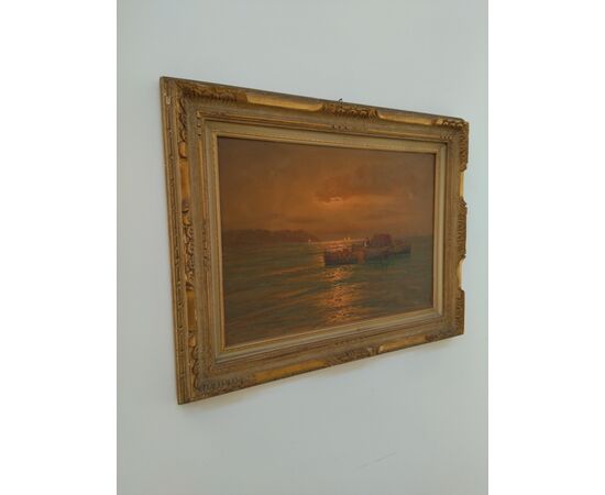 Sea picture with fishermen boat - oil painting on canvas - marine - early 1900s     