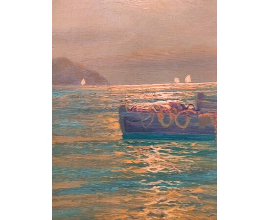 Quadro mare con barca pescatori - dipinto olio su tela - marina - primi 900