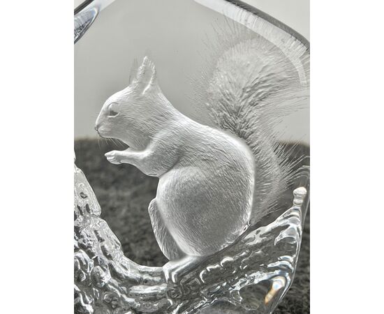 Cut crystal bas-relief with squirrel figure Signature, Matts Jonasson Sweden.     