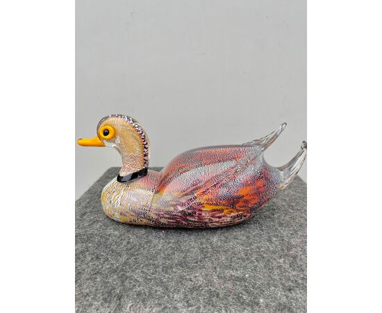 Submerged glass duck with silver leaf inclusion.Barbini, Murano.     