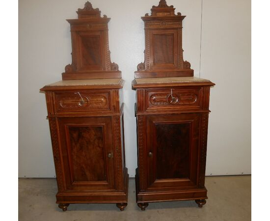 Antique &quot;couple&quot; bedside tables in walnut with upstand. Early 1900s.     