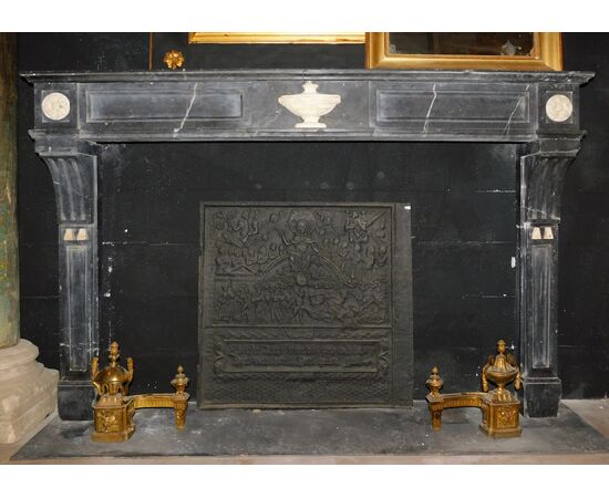 chm717 - fireplace in black marble with white veins, measuring cm l 181 xh 117     