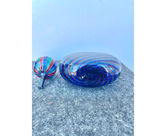 Round bottle in blown glass with multicolored spiral bands.Murano.     