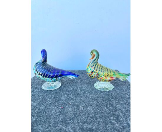 Pair of ducks in combed multicolored sommerso glass with speckled inclusions. A.Ve.M.Murano.     