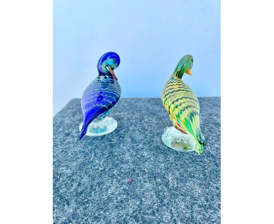 Pair of ducks in combed multicolored sommerso glass with speckled inclusions. A.Ve.M.Murano.     