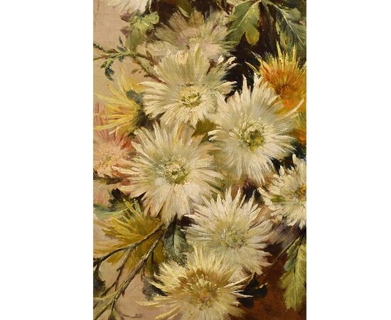 ANCIENT PAINTINGS, STILL LIFE WITH DALIE FLOWERS, OIL ON CANVAS, DELL 800. (QF382)     