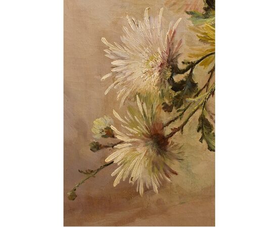 ANCIENT PAINTINGS, STILL LIFE WITH DALIE FLOWERS, OIL ON CANVAS, DELL 800. (QF382)     