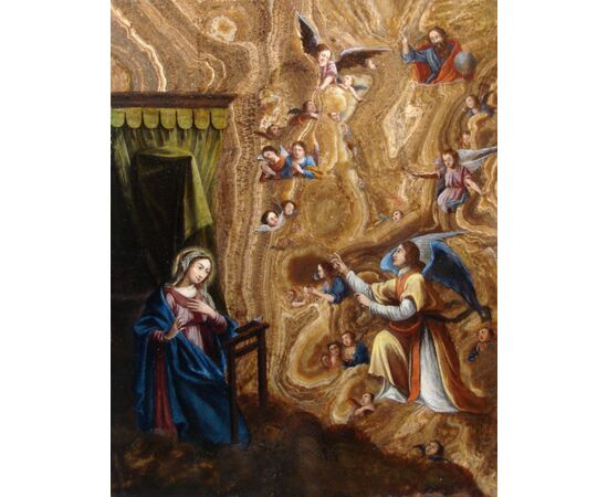 importante dipinto a olio su lastra di marmo raffigurante l'Annunciazione