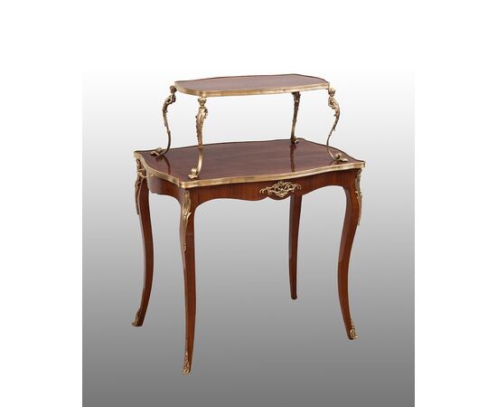 Antique French Napoleon III coffee table in polychrome woods with gilt bronze applications.19th century period.     