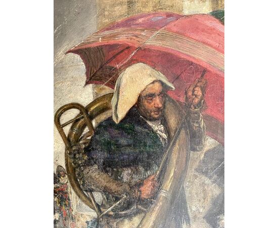 Ethofer Theodor Josef (1849-1915) “Corteo delle maschere in una giornata di pioggia”. Dipinto ad olio su tavola in ottimo stato di conservazione. Firmato e datato in basso a sinistra: “TH. ETHOFER ROMA MDCCCLXXIX (1879)” Misure cm h. 48x30, con corni