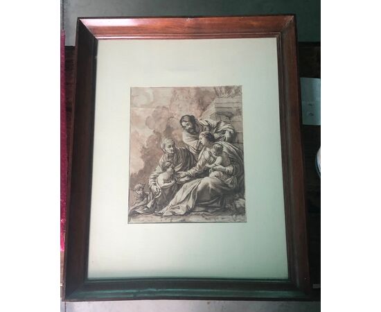 Ink drawing depicting the Holy Family with Saint John the Baptist, by Simón Vouet, France.     
