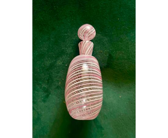 Milky and pink half-filigree glass perfume bottle.Cenedese manufacture, Murano.     