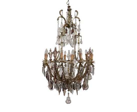 Chandelier in Gilded Bronze and Ground Glass     