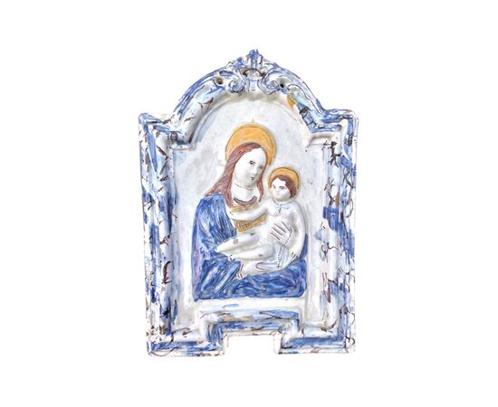 Devotional majolica panel depicting the Madonna of the rosary with the Child Jesus, Emilia Romagna (Imola or Faenza).     