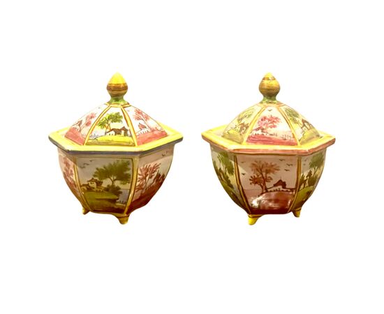 Pair of tripod favors with lid, hexagonal shaped decorated with landscapes and architectures, Cevenini-Schiassi inscription and initials Minghetti, Bologna.     