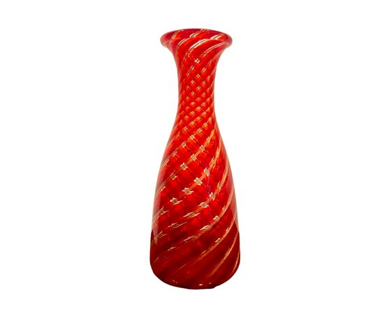 Everted mouth blown glass vase with red spirals and aventurine.Toso, Murano.     