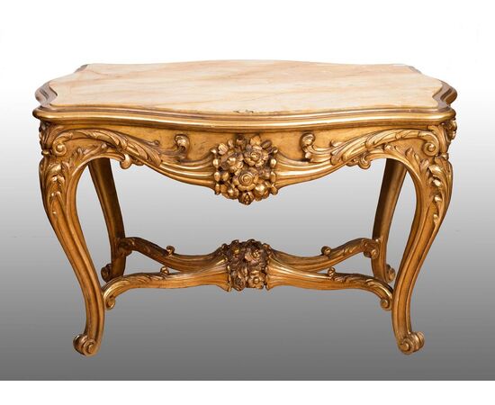 Tavolino in legno dorato e intagliato con piano in onice Napoleone III Francese.Periodo XIX secolo.