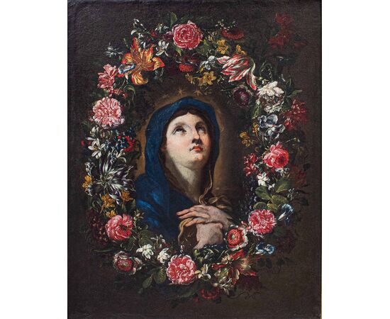 Virgin Mary within a garland of flowers, by Luca Giordano, 17th-18th century     