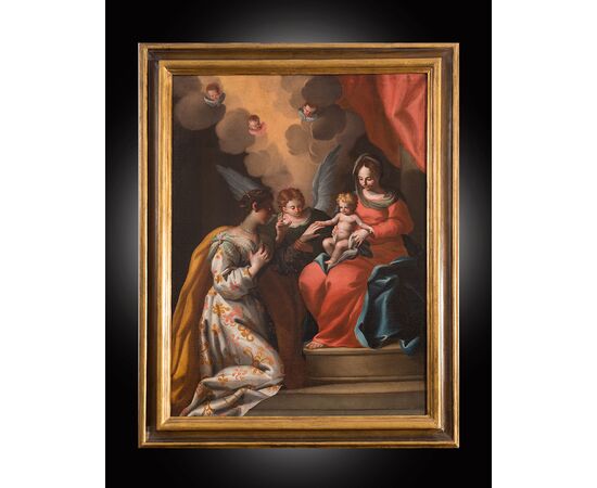 Antique oil painting on canvas depicting the mystical marriage of Saint Catherine. Naples 19th century.     