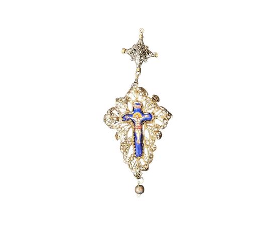 Rosary in silver filigree, garnet stones and enamels Austria.     