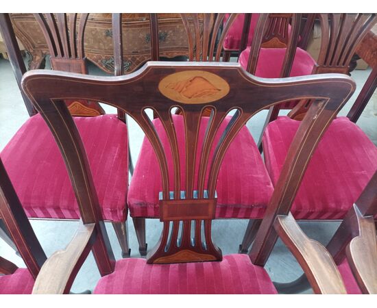 Group of two armchairs and inlaid mahogany chairs     