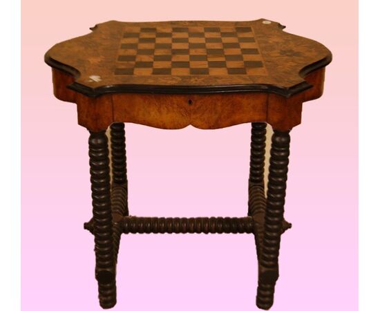 Antique coffee table from the 1800s in briar with checkerboard and floral inlays     