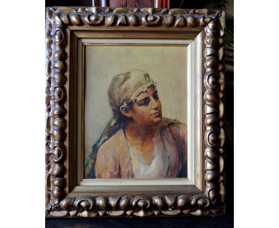 dipinto a olio di Morelli, ragazzo con turbante, cm 19 x 25