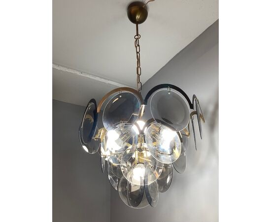 Showy 60s chandelier in smoked Murano glass and brass. Vintage Modern Antiques     