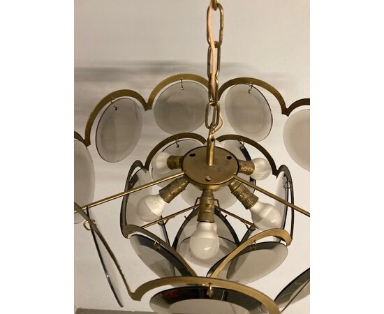 Showy 60s chandelier in smoked Murano glass and brass. Vintage Modern Antiques     