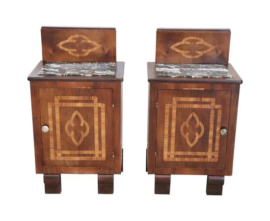pair of art deco bedside tables inlaid with marble top. PRICE NEGOTIABLE