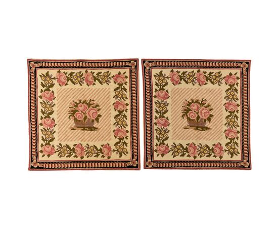 Pair of embroidered square rugs Needle Point     