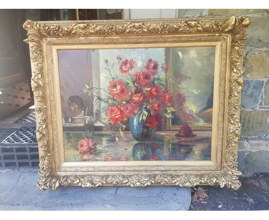 Large painting Vase with roses, golden frame '900