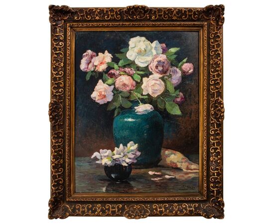 "Rose in vaso sul tavolo" dipinto francese - O/5501