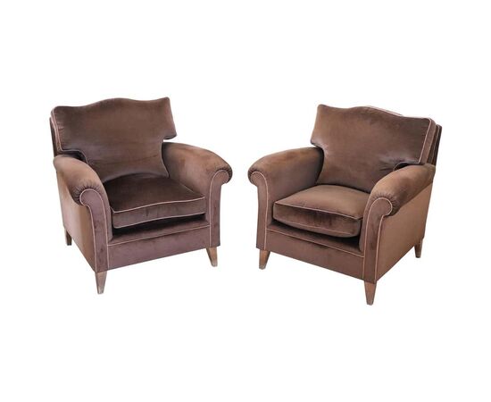 pair of modern antique brown velvet armchairs 80s design PRICE NEGOTIABLE
