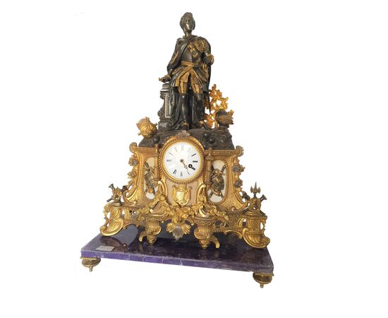 Bronze table clock with amethyst base, France Napoleon III